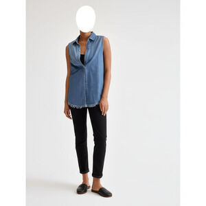 Beach Lunch Lounge Womens S/M Blue Denim Sleeveless Frayed Hem Shirt
